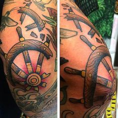 two pictures of different tattoos on the arm and shoulder, one with an image of a steering wheel