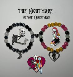 Matching jack and Sally bracelets available now!🌙🥀🎄🎅 • • • • • • • #braceletlover #braceletoftheday #jewelry #explore #instagood #explorepage+ #viral #matchingbracelets #halloween #jackskellington #jackandsally #timburton #matchingjewelry Jack And Sally Beaded Earrings, Jack And Sally Bracelets, Nightmare Before Christmas Bracelet, Corpse Bride Bracelet, Coraline Bracelet Ideas, Match Bracelets, Sally And Jack, Matching Stuff