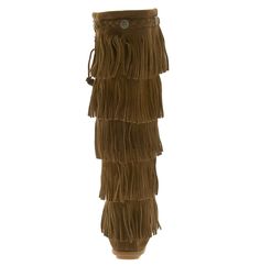 Tiered fringe cascades down the shaft of a comfortable moccasin boot grounded by a nubby rubber sole. Antiqued studs embellish the braided collar for subtle detail. Style Name:Minnetonka 1659 Five Layer Fringe Boot. Style Number: 265995. Available in stores. Bohemian Suede Boots With Fringe, Bohemian Suede Fringe Boots, Bohemian Style Fringe Suede Boots, Moccasin Boots, Fringe Boots, 8 M, Womens Boots, Braids, Nordstrom