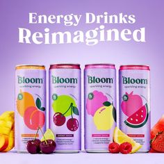 three cans of bloom energy drinks next to fruit on a purple background with the words, energy drinks reimagined