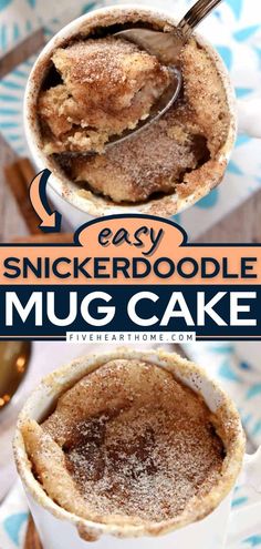 two mug cakes with sugar on top and the words easy snickkerdoodle mug cake