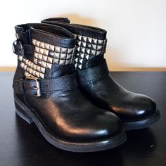 Brand New Ash Boots, Never Used. It's 7 Size But Run Small One Size (I Think So 6 Or 6.5). Ankle Height Biker Boot Matte Silver Decorative Stud Detailing Goodyear Sole Construction Heel Height 1.6'' (4cm) Height Of Boot 5.5'' (14cm) 100% Leather Upper Rubber And Leather Sole For All Season Studded Leather Moto Boots For Streetwear, Punk Moto Boots With Silver Studs And Round Toe, Black Punk Moto Boots With Silver Studs, Punk Black Moto Boots With Silver Studs, Edgy Black Studded Moto Boots, Fall Punk Moto Boots With Silver Studs, Silver Punk Boots For Streetwear, Punk Leather Moto Boots With Silver Studs, Silver Punk Boots For Winter