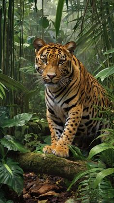 a tiger is walking through the jungle on a tree branch in front of some plants