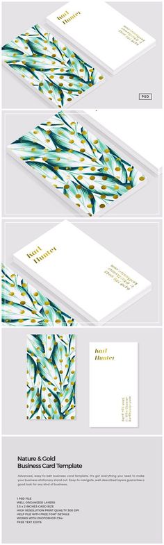 the front and back side of a business card with floral designs on it, including leaves