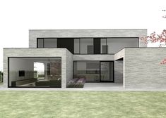 a 3d rendering of a modern house with glass doors and windows on the front side