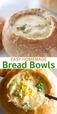 bread bowls with broccoli and cheese in them are the perfect side dish for any meal