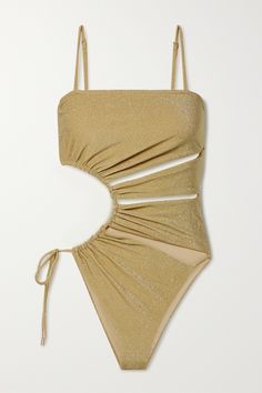 Cult Gaia's 'Allegra' swimsuit is made from stretch fabric flecked with gold threads that shimmer beautifully in the sun. It has skin-baring cutouts through the bodice and side that can be adjusted easily with a cinch of the ties. The neckline is gummed, so you can remove the slim straps and feel confident it'll stay comfortably in place. Gold Swimsuit, Metallic Swimsuit, Gold Bachelorette, Summer Lookbook, Cult Gaia, Gold Threads, Denim Design, Alice Olivia, Beach Style