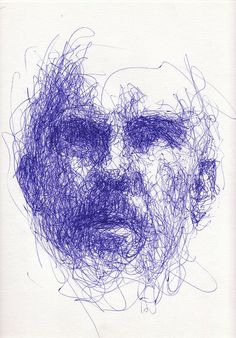 a drawing of a man's face with blue lines on it and the image is drawn