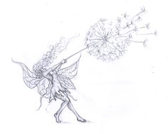 a pencil drawing of a fairy holding a dandelion