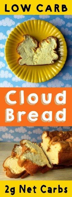 low carb cloud bread is shown on a yellow plate with the title below it