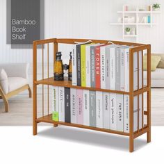 a wooden book shelf filled with lots of books