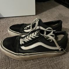 Heavily Used But Somehow Still In Fair Condition. These Things Will Last You For The Rest Of Your Life I Swear!! White Rubber Is Pretty Scuffed But Could Probably Be Cleaned To Look Brand New. Vans Shoes Aesthetic Grunge, Black Vans Aesthetic, Vincent Core, Scuffed Shoes, Dirty Vans, Dad Core, Vans Aesthetic, Grunge Shoes, Dirty Shoes