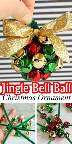 christmas ornament made out of bells and bows with text overlay that reads, how to make an ingle bell ornament