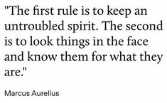 a quote with the words,'the first rule is to keep an untroubled spirit the second is to look things in the face and know them for what they are