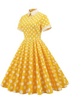 ZAPAKA Women Vintage Dress Yellow Polka Dots Print Spring 1950s Swing Dress Yellow 50’s Dress, Cheap Yellow Vintage Dress, White Dress Gold Dots, Cheap Yellow Vintage Dresses, Cheap Yellow Dresses With Buttons, Summer Dresses Miggon 🛍️, Elegant Vintage Dresses Miggon 🛍️, Vintage Dresses Miggon 🛍️, Dapper Day Dress