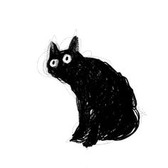 a drawing of a black cat with big eyes