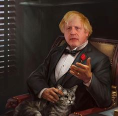 a painting of a man in a tuxedo with a cat on his lap