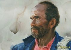 a painting of a man wearing a blue jacket and red shirt with white rope around his neck