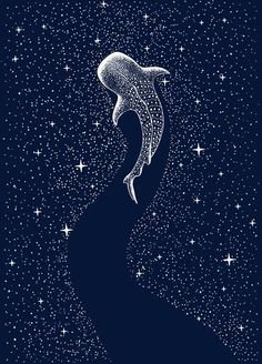 a drawing of a dolphin jumping out of the water with stars in the sky behind it