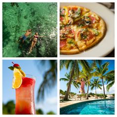 four different pictures with people in the water and pizza on the beach, one woman swimming