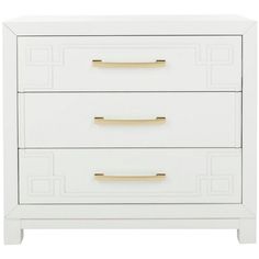 a white dresser with gold handles and drawers