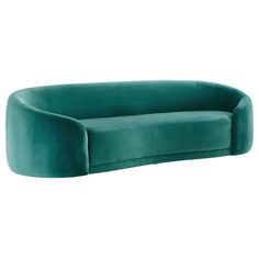 a green velvet couch with an oval shaped back and arms, in front of a white background