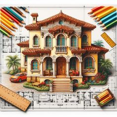 a drawing of a house with colored pencils next to it