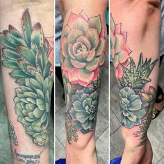 three different views of a woman's legs with tattoos on them and succulents