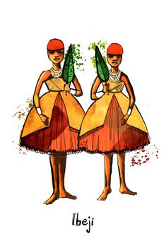 two women in dresses with plants on their heads and the words ibei written below them