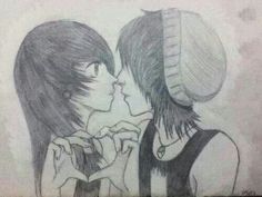 a drawing of two people kissing each other