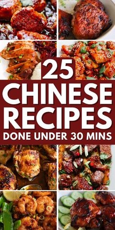 the cover of 25 chinese recipes done under 30 mins, including chicken and vegetables