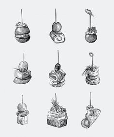 hand drawn desserts and pastries on a white background