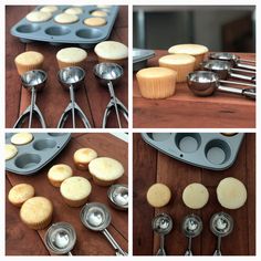 there are several different pictures of cupcakes and spoons on the wooden table