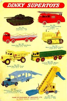 an advertisement for dinky super toys featuring trucks and dump trucks with their names on them