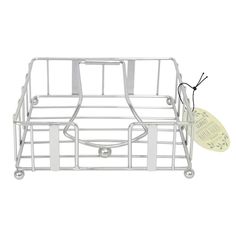 a metal wire basket with two tags attached to the front and back sides, on a white background