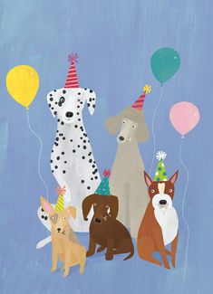 a group of dogs wearing party hats with balloons in the air and one dog holding a birthday hat