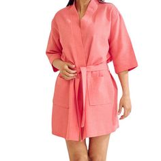 Women's Waffle Kimono Bathrobe-Thigh Length Waffle Weave Kimono Robe. Material: 60% cotton / 40% polyester waffle weave. Featuring 3/4 sleeves, two patch pockets, and a flat neckline, this waffle bathrobe is perfect for home, spa, or even as a bridesmaid gift. Cotton Blend Spa Rope Waffle Weave Kimono Bathrobe Cover Up | Soft, Comfy, and Luxurious | Perfect for Spa Days and Everyday Use. Made from soft, comfortable cotton blend. Features a waffle weave construction for a plush and luxurious feel Pink Bathrobe, Spa Days, Home Spa, Waffle Weave, Spa Day, Above Knee, Baby Pink, Cover Up, Cotton Blend