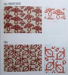 four different types of knitted patterns in red and white