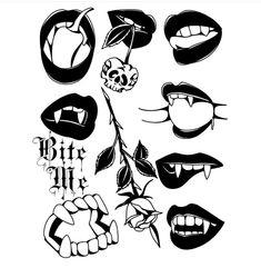 various black and white images of mouths with teeth, leaves and flowers on them are featured in this image