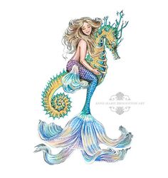 a drawing of a mermaid sitting on top of a sea horse