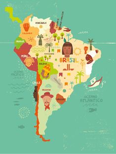 an illustrated map of south america with all the main countries and their major names on it