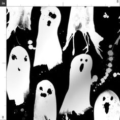 black and white halloween ghost fabric with spooky eyes on it's sides