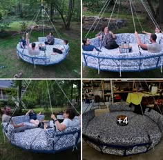 four pictures of people sitting on different types of swings in the yard, and one is hanging upside down