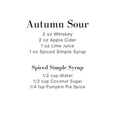 an autumn sour recipe is shown in the bottom left corner, and on the top right side