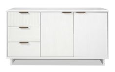 a white cabinet with three drawers and two doors