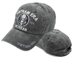 US Vietnam War ERA Veteran tan Hat, 1960 to 1975 Embroidered letters Celebrates the service of Vietnam ERA Veterans Adjustable strap to fit most adults, men and some women Pre-curved bill. Structured, low-profile crown, button top and sewn eyelets for ventilation Durable, soft brushed Cotton Subdued grey, black and silver colors Vintage Black Snapback Hat With Letter Print, Vintage Military Visor Hat, Vintage Military Cap, Vintage Black Baseball Cap With Letter Print, Vintage Dad Hat With Visor, Vintage Black Baseball Cap, Black Vintage Style Baseball Cap, Vintage Black Fitted Baseball Cap, Black Vintage Dad Hat With Curved Brim