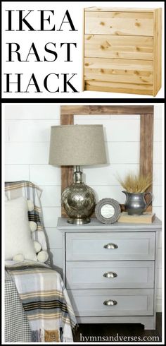 a dresser and lamp with the words ikea rast hack on top of it