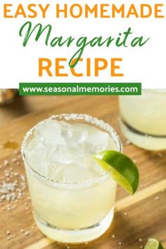 two margaritas on a cutting board with salt and lime garnishes in the background