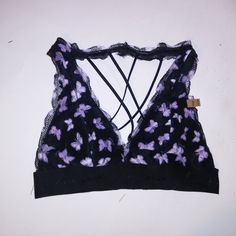 Victoria Secret Pink Bralette Bra Xs Black Purple Butterfly Strappy Banded Logo Trim Removable Padding Adjustable Straps Wireless New With Tags *Bundle To Save Chavonne11 110723 Xs Fits 30a 30b 32aa 32a 32b Bling Bra, Butterfly Bra, Red Bralette, Lace Halter Bralette, Pink Bralette, Black Lace Bralette, Band Logos, Pink Sports Bra, Purple Butterfly