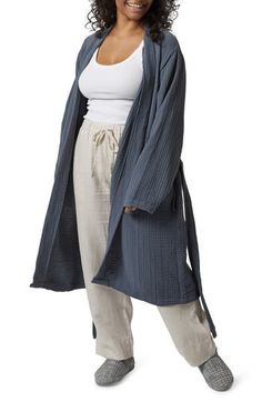 Enjoy the luxurious elegance of a spa-inspired robe at home with this supercomfy style made from four-ply gauze woven from long-staple Turkish cotton. It's also garment washed for added lived-in softness from the first wear. 42" length ( size X-Large)   Open front   V-neck   Long sleeves   Side-seam pockets   Removable tie belt   100% cotton   Machine wash, tumble dry   Made in Turkey   OEKO-TEX®–certified materials free of harmful substances Fall Loungewear Robe With Open Front, Fall Loungewear Open Front Robe, Oversized Wrap Robe For Loungewear, Relaxed Fit Wrap Outerwear For Loungewear, Relaxed Fit Solid Color Robe For Relaxation, Spring Cozy Robe For Loungewear, Open Front Cotton Robe For Loungewear, Cotton Open Front Robe For Loungewear, Spring Cozy Loungewear Robe